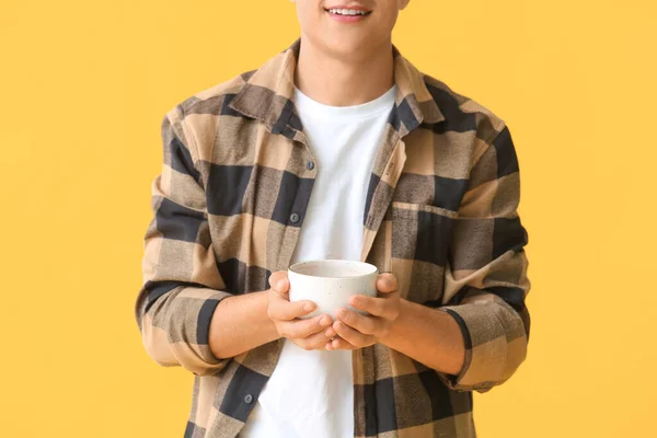 Handsome Young Man Cup Tea Color Background — Stock Photo, Image