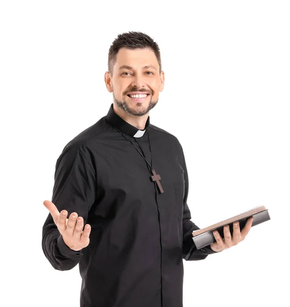 Handsome Priest Bible White Background — Stock Photo, Image