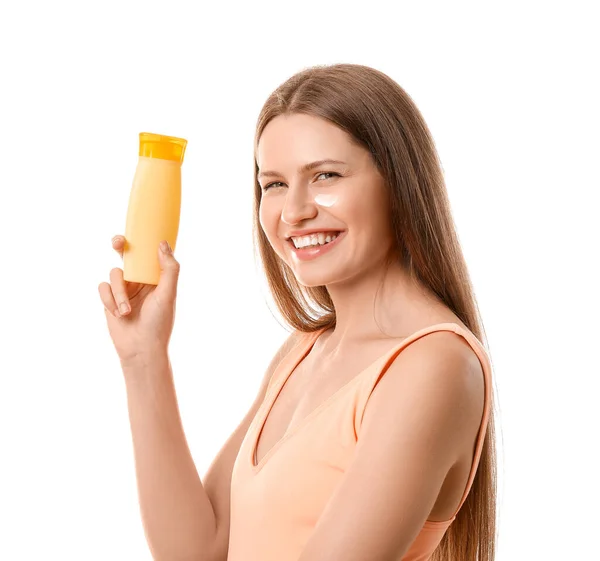 Young Woman Applying Sunscreen Cream White Background — Stock Photo, Image