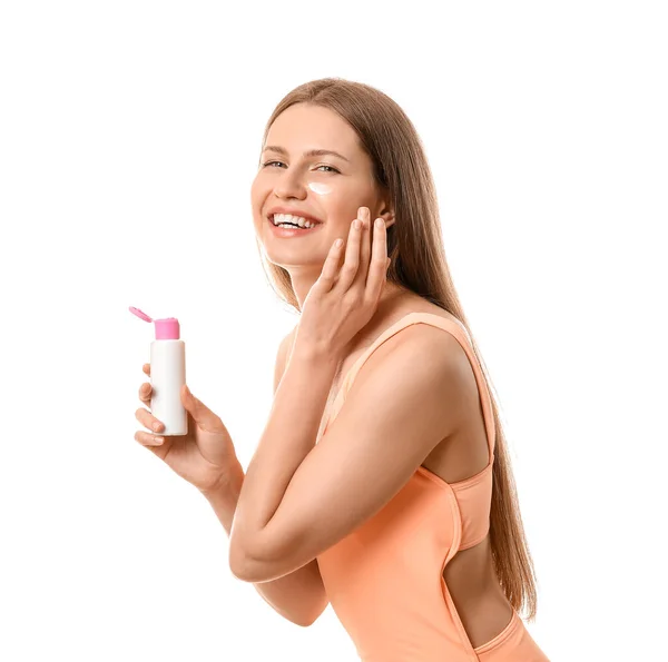Young Woman Applying Sunscreen Cream White Background — Stock Photo, Image
