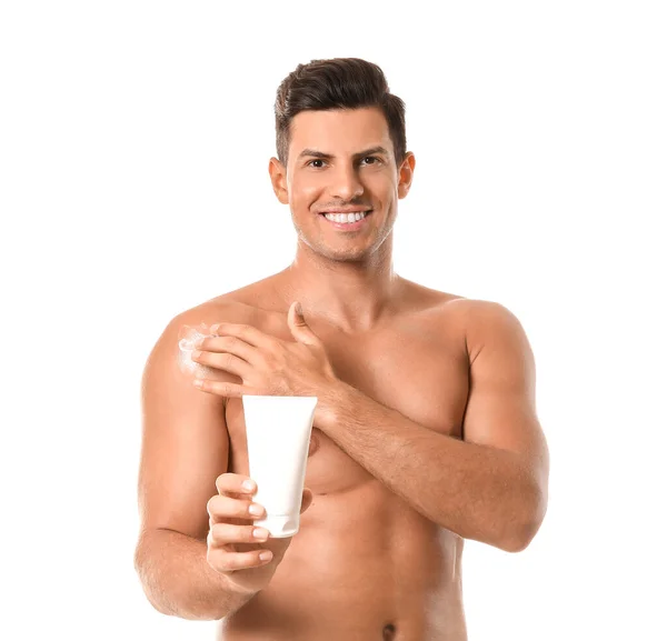 Young Man Applying Sunscreen Cream White Background — Stock Photo, Image