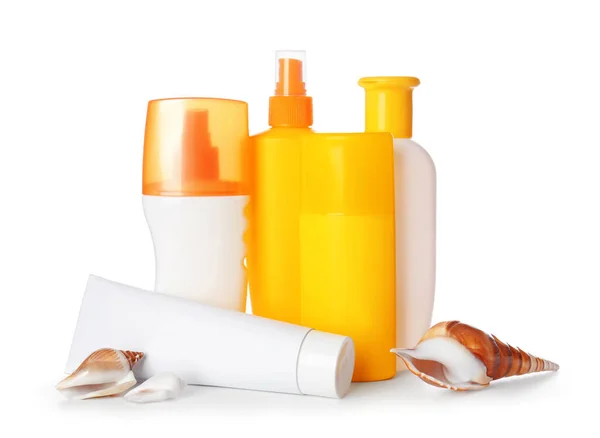 Bottles Sunscreen White Background — Stock Photo, Image