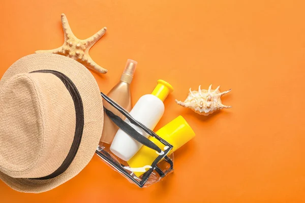 Bag Sunscreen Cream Hat Color Background — Stock Photo, Image