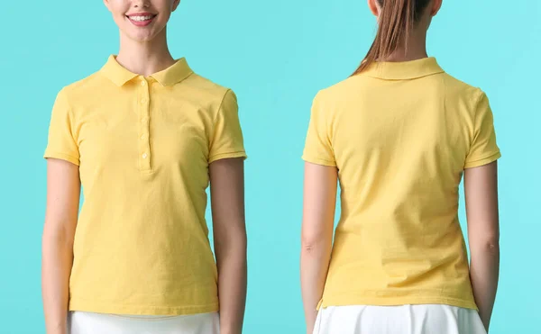 Hermosa Mujer Joven Camisa Polo Con Estilo Sobre Fondo Color —  Fotos de Stock