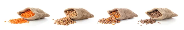 Bags Different Raw Lentils White Background — Stock Photo, Image