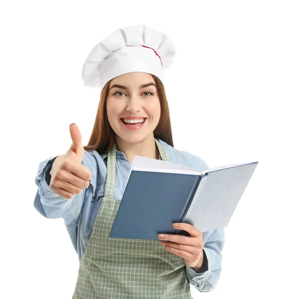 Mujer Joven Con Libro Recetas Sobre Fondo Blanco — Foto de Stock