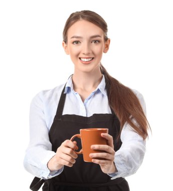 Beyaz arka planda genç bayan barista.