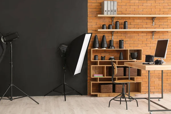 Interior Del Estudio Fotografía Con Equipo Moderno — Foto de Stock