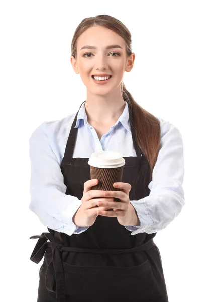 Jonge Vrouwelijke Barista Witte Achtergrond — Stockfoto