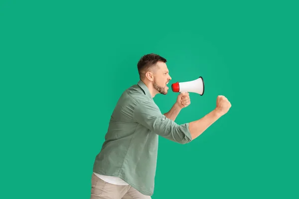 Protesting Man Megaphone Color Background — Stock Photo, Image