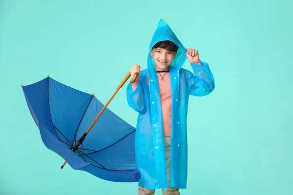 Cute Little Boy Raincoat Umbrella Color Background — Stock Photo, Image