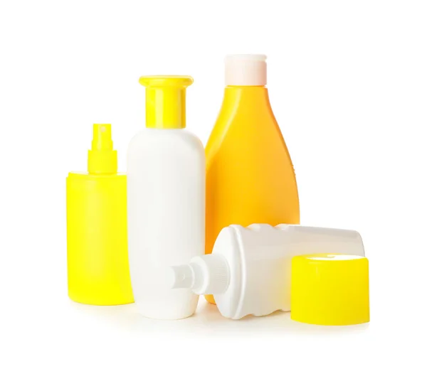 Bottles Sunscreen White Background — Stock Photo, Image