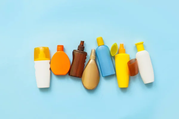 Bottles Sunscreen Color Background — Stock Photo, Image