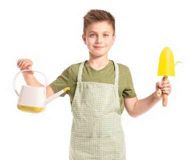 Beyaz arka planda şirin bir bahçıvan.