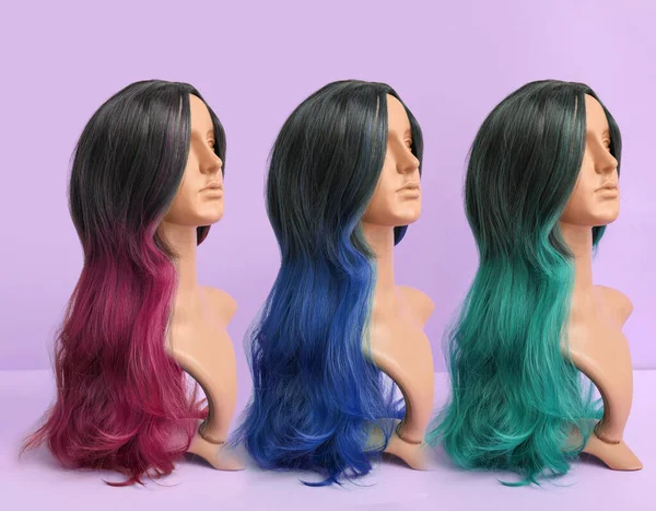 Mannequins Different Female Wigs Color Background — Stock Photo, Image