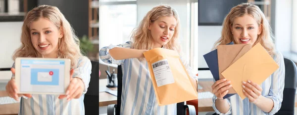 Young Woman Letters Tablet Computer Office — Stock Photo, Image