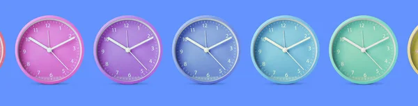 彩色背景上的不同现代时钟 — 图库照片