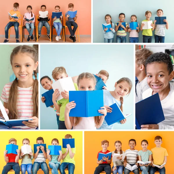 Collage Photos Cute Little Children Reading Books — Stock Photo, Image