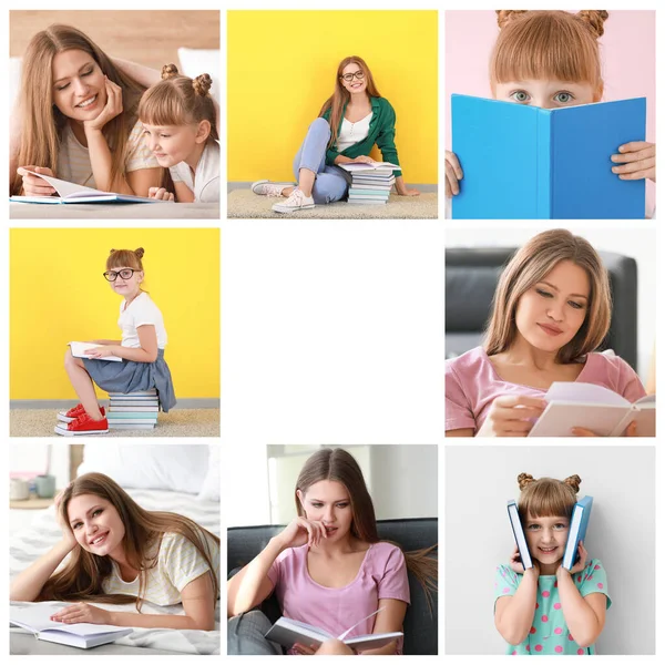 Collage Fotos Con Una Mujer Joven Hija Pequeña Leyendo Libros —  Fotos de Stock