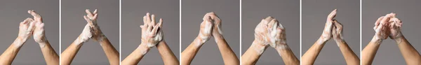 Many Hands Soap Foam Grey Background — Stock Photo, Image