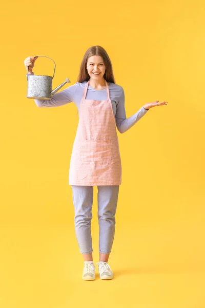 Young Woman Watering Can Color Background — Stock Photo, Image