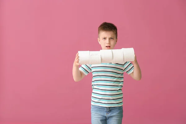 Funny Little Boy Toilet Paper Color Background — Stock Photo, Image