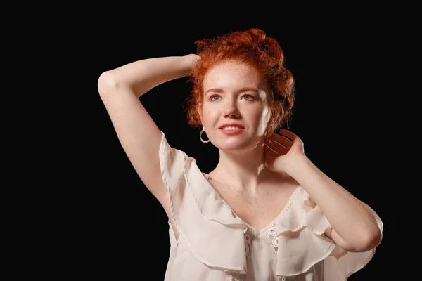 Portrait Beautiful Redhead Woman Dark Background — Stock Photo, Image