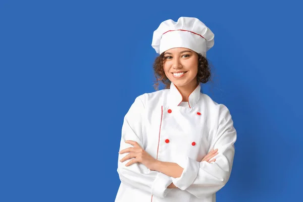 Female African American Chef Color Background — Stock Photo, Image