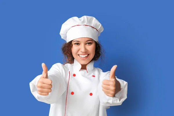 Female African American Chef Showing Thumb Color Background — Stock Photo, Image