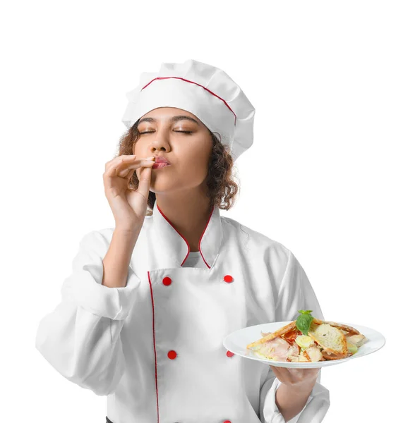 Female African American Chef Tasty Dish White Background — Stock Photo, Image