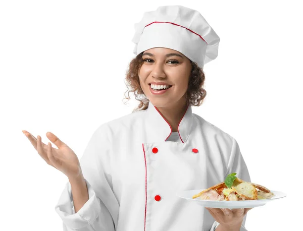 Female African American Chef Tasty Dish White Background — Stock Photo, Image