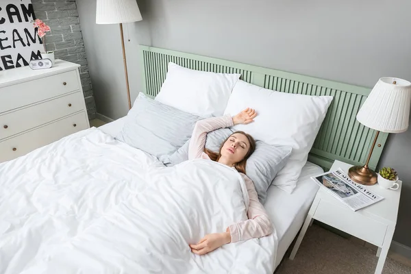 Young Woman Snoring While Sleeping Bed Apnea Problem — Stock Photo, Image