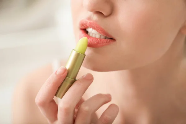 Beautiful Young Woman Lip Balm Home Closeup — Stock Photo, Image