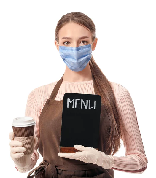 Young Female Barista Mask White Background Concept Epidemic — Stock Photo, Image