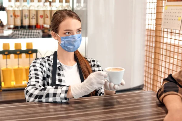 Barista Mask Giving Coffee Client Concept Epidemic — Stock Photo, Image