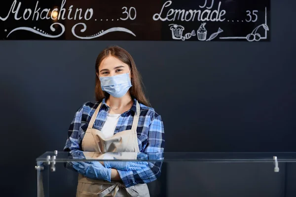 Female Barista Modern Cafe Concept Epidemic — Stock Photo, Image