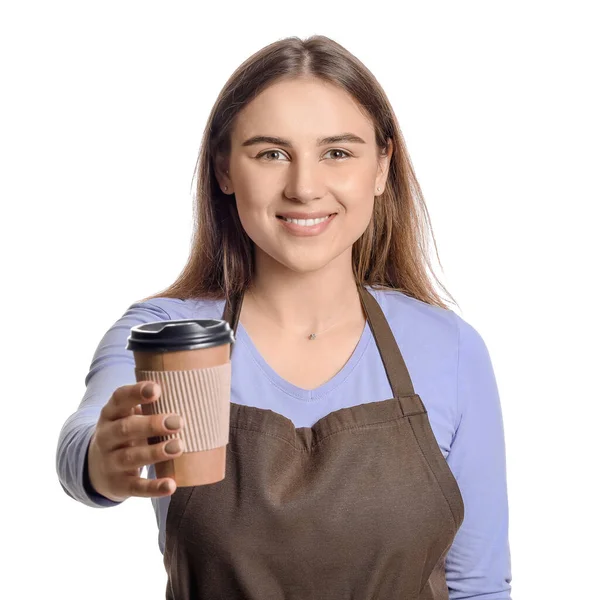 Vrouwelijke Barista Witte Achtergrond — Stockfoto