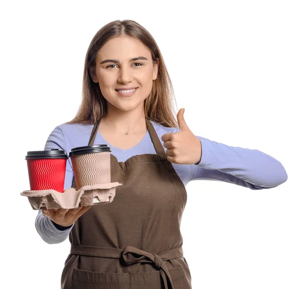 Vrouwelijke Barista Met Duim Omhoog Witte Achtergrond — Stockfoto