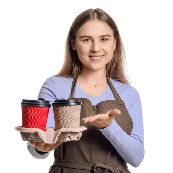 Vrouwelijke Barista Witte Achtergrond — Stockfoto