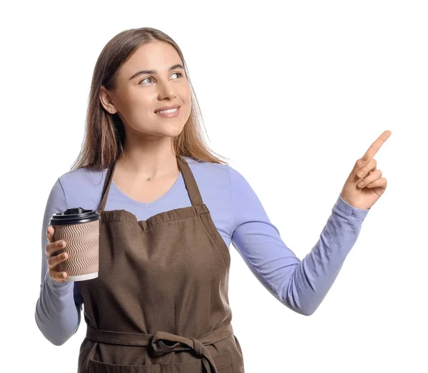 Vrouwelijke Barista Wijst Naar Iets Een Witte Achtergrond — Stockfoto