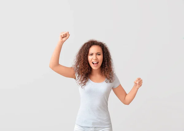 Angry Protesting African American Woman Light Background — Stock Photo, Image