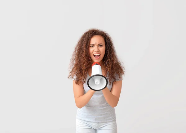 Angry Protesting African American Woman Megaphone Light Background — Stock Photo, Image