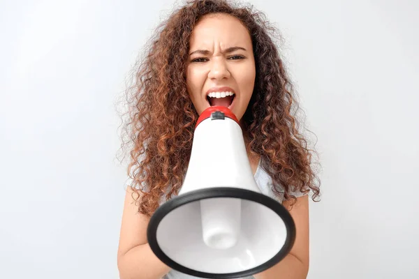 Angry Protesting African American Woman Megaphone Light Background — Stock Photo, Image