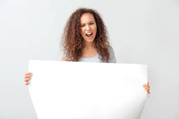 Angry Protesting African American Woman Placard Light Background — Stock Photo, Image