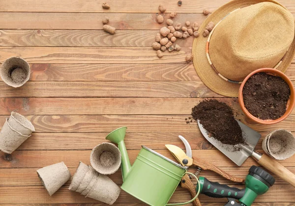 Gardening Tools Wooden Background — Stock Photo, Image