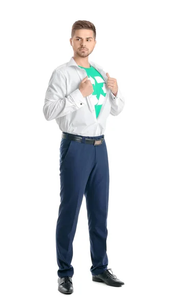 Uomo Che Indossa Shirt Con Segno Riciclaggio Sfondo Bianco Concetto — Foto Stock