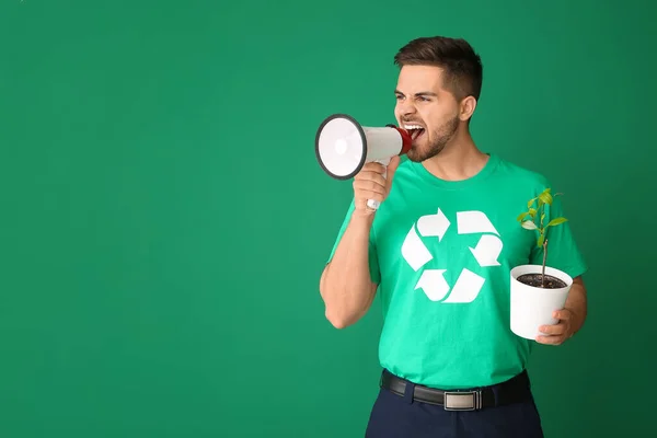 Man Shirt Recycling Sign Plant Megaphone Color Background Ecology Concept — Stock Photo, Image