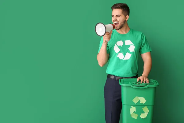 Man Shirt Recycling Sign Trash Bin Megaphone Color Background Ecology — Stock Photo, Image