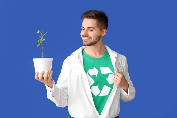 Man Shirt Recycling Sign Plant Color Background Ecology Concept — Stock Photo, Image