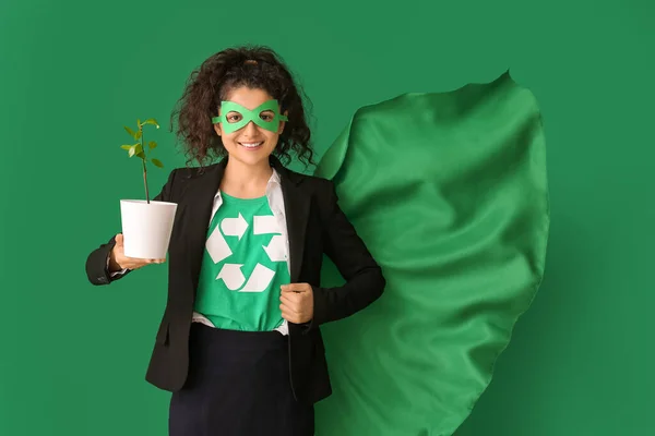 Woman Dressed Eco Superhero Plant Color Background — Stock Photo, Image